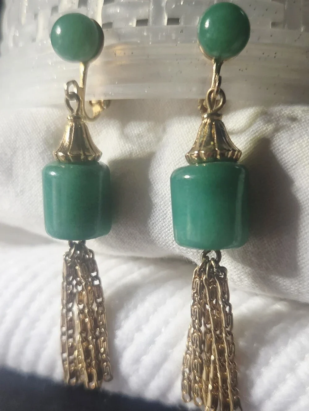 Vintage Green Earrings Lot, 1960s Faux Jade Pearl Drops + 1970s Gold Tassel